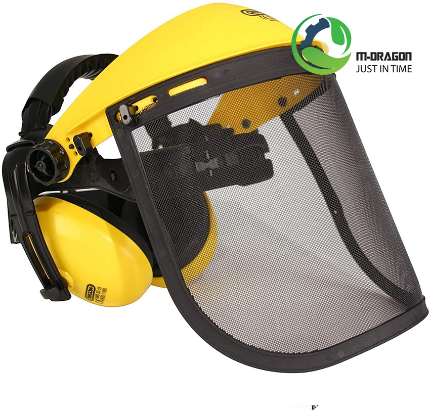 “Cut, welded worker helmet with Steel Mesh Shield and noise-canceling ear cups “