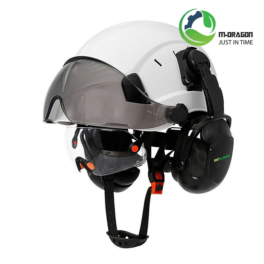 “The versatile ABS plastic construction helmet has glasses and earmuffs “