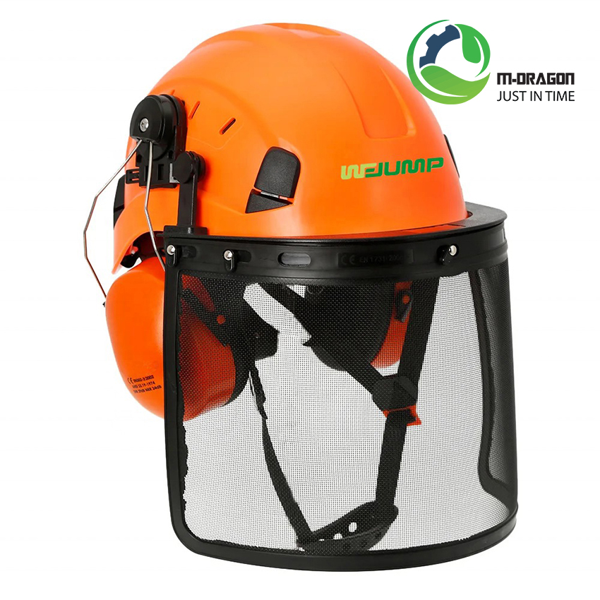 “The forest safety helmet has a mesh face shield and earmuffs “