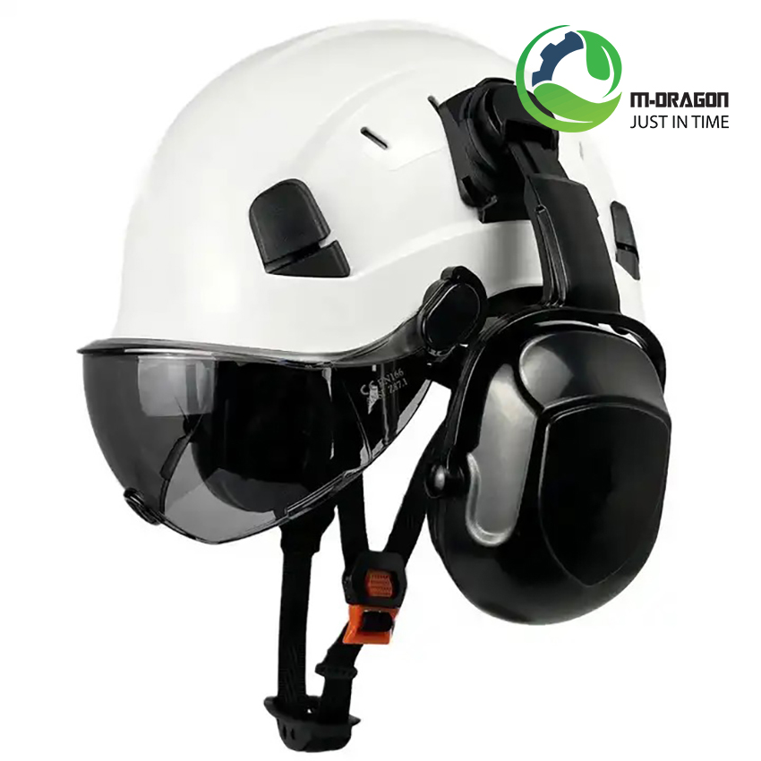 “ABS construction safety helmets have glass visors and earmuffs “